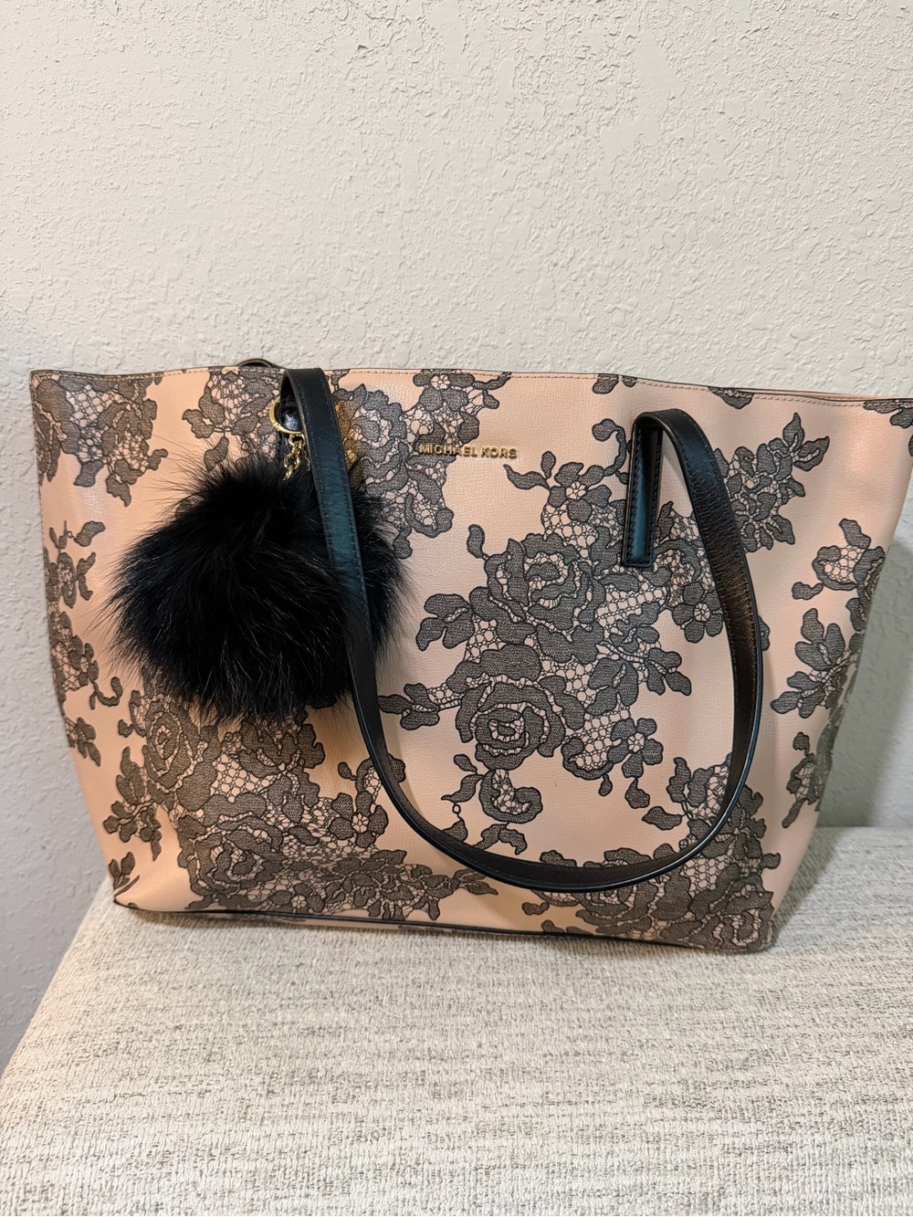 Michael Kors Blush Pink Floral Lace Tote with Black Pom